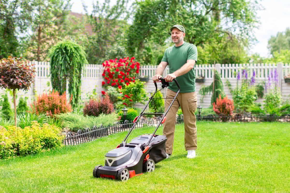 Middle aged man houseowner mowing the lawn on backyard of his house, making beautiful landscape design