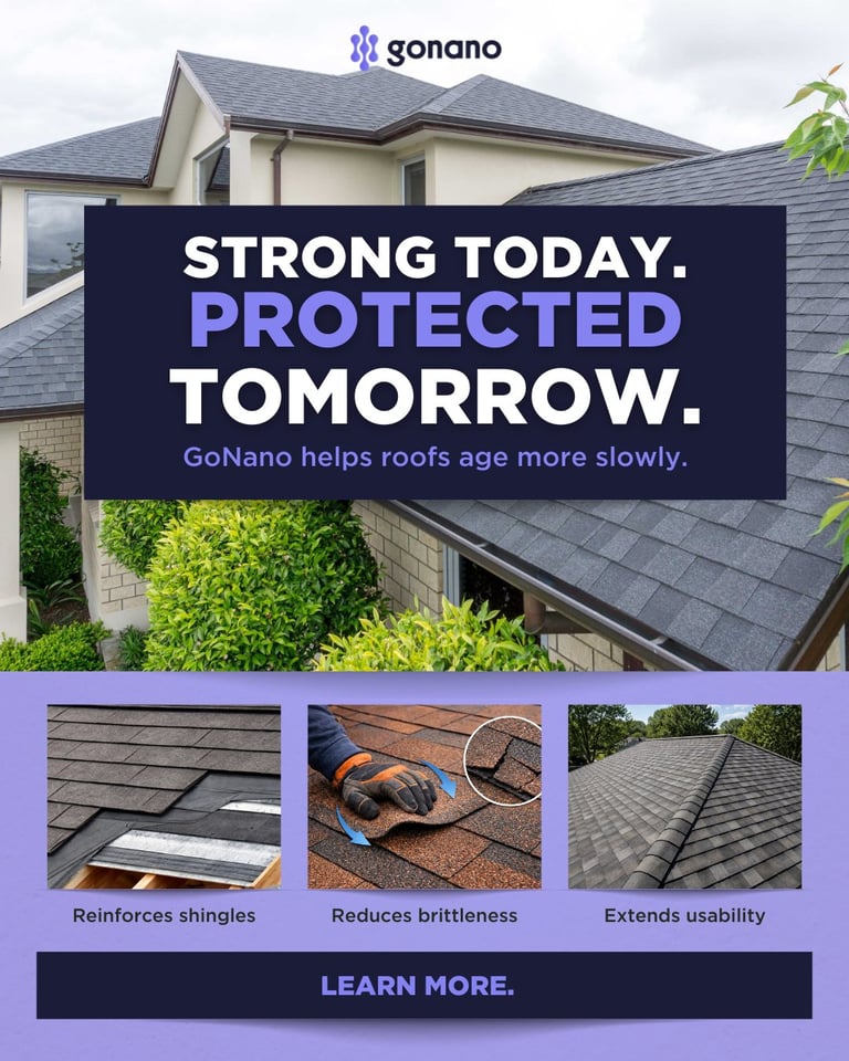 GoNano roof protection product advertisement showing residential home with tagline Strong Today Protected Tomorrow and three benefit images below