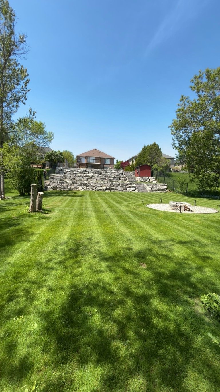 Manicured lawn with diagonal mowing stripes, stone wall, fire pit, and brick house with red outbuilding under clear blue sky
